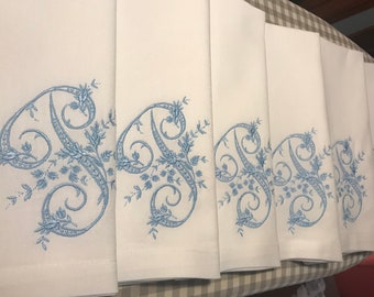 White Cotton Dinner Napkins with Floral Vine Monogram