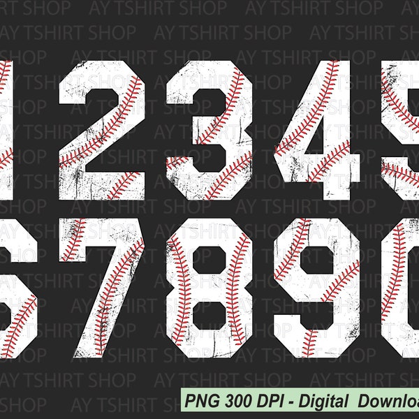 Baseball Distressed Numbers png, Baseball Numbers bundle, Sublimation Baseball png, Baseball png, Baseball stitch monogram numbers Clip Art