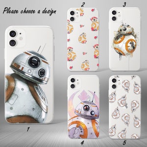 Op de afbeelding: Vijf verschillende telefoonhoesontwerpen met een Star Wars-personage, BB-8. De ontwerpen omvatten een enkele grote afbeelding van BB-8, een patroon van BB-8 met bloemen, een aquarelachtige afbeelding van BB-8, een patroon van BB-8 met een Rebel Alliance-symbool en een patroon van BB-8 op een witte achtergrond.