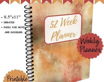 52 Week Planner Dateless Weekly Calendar Organizer Scheduling To Do Bronze Textured Cover Digital Instant Download