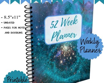 Planificador de 52 semanas Calendario semanal sin fecha Organizador Programación para hacer la portada del Universo Celestial Descarga instantánea digital