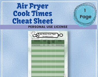 Hoja de trucos de la freidora de aire Cook Times Cheatsheet Cooking Favorite Foods Quick Reference Accessories Printable Digital Instant Download
