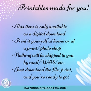 Puede incluir: Un gr&aacute;fico de descarga digital con texto que dice "Printables made for you!" e incluye instrucciones para imprimir la descarga digital. El texto dice: "Este art&iacute;culo solo est&aacute; disponible como descarga digital. Impr&iacute;malo usted mismo en casa o en una tienda de impresi&oacute;n/foto. No se le enviar&aacute; nada por correo/UPS/etc. Simplemente descargue el archivo, impr&iacute;malo y estar&aacute; listo para comenzar!" El texto est&aacute; en negro sobre un fondo azul claro con un patr&oacute;n de nube blanca.