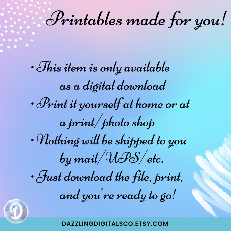 Puede incluir: Un gr&aacute;fico de descarga digital con texto que dice "Printables made for you!" e incluye instrucciones para imprimir la descarga digital. El texto dice: "Este art&iacute;culo solo est&aacute; disponible como descarga digital. Impr&iacute;malo usted mismo en casa o en una tienda de impresi&oacute;n/foto. No se le enviar&aacute; nada por correo/UPS/etc. Simplemente descargue el archivo, impr&iacute;malo y estar&aacute; listo para comenzar!" El texto est&aacute; en negro sobre un fondo azul claro con un patr&oacute;n de nube blanca.