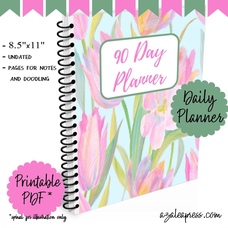 Puede incluir: Un planificador imprimible de 90 d&iacute;as con un dise&ntilde;o floral con tulipanes rosas y amarillos sobre un fondo azul claro. El planificador mide 21,6 cm por 27,9 cm y no est&aacute; fechado. Incluye p&aacute;ginas para notas y garabatos.