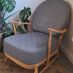 Custom colour Linwood westray wool geometric ERCOL 203 easy chair cushions and covers in a  piped wool cotton fabric