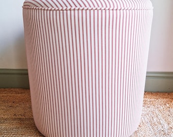 Bedroom Stool | Round Drum Stool Pouffe | Upholstered in Ian Mankin Ticking Fabric | Extra Seating & Side Table