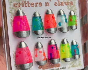 Lava Lamp press-on nails, neon, chrome, y2k, jelly, viral, reusable gel nails
