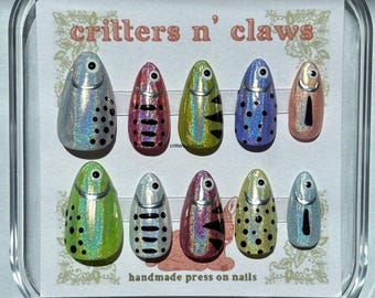 Holo Fishing Lure Press-On Nails: Short Almond Gel Nail Art
