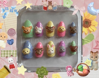 Calico Critters 3D press-on nails | Cute press on nails | Sylvanian Families | Kitschy nails | Cottagecore nails | Animal nails | Pastel |