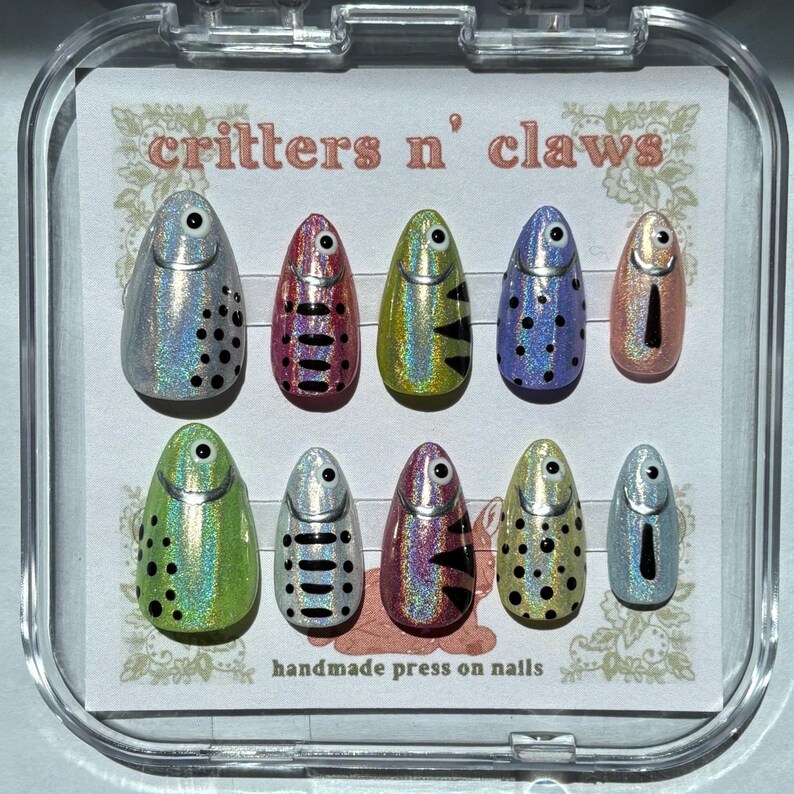 Holo Fishing Lure Press on Nails Short Almond Gel Nail Art Etsy