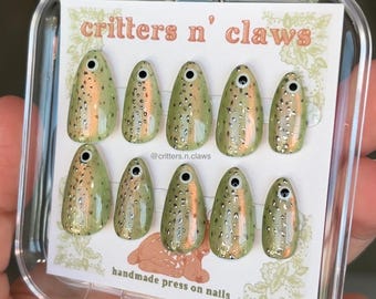 Rainbow Trout Press-On Nails, Cat Eye Effect, Short Almond Reusable Gel Nails