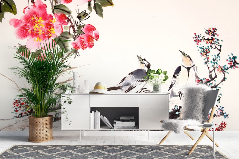 Home wall decor Feature Wall Chinese Ink Painting Bird And Tree Wallpaper Mural- Non woven wallpaper Made to Measure Wall art decals