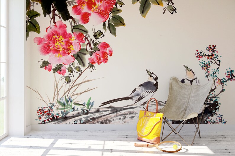 Home wall decor Feature Wall Chinese Ink Painting Bird And Tree Wallpaper Mural- Non woven wallpaper Made to Measure Wall art decals