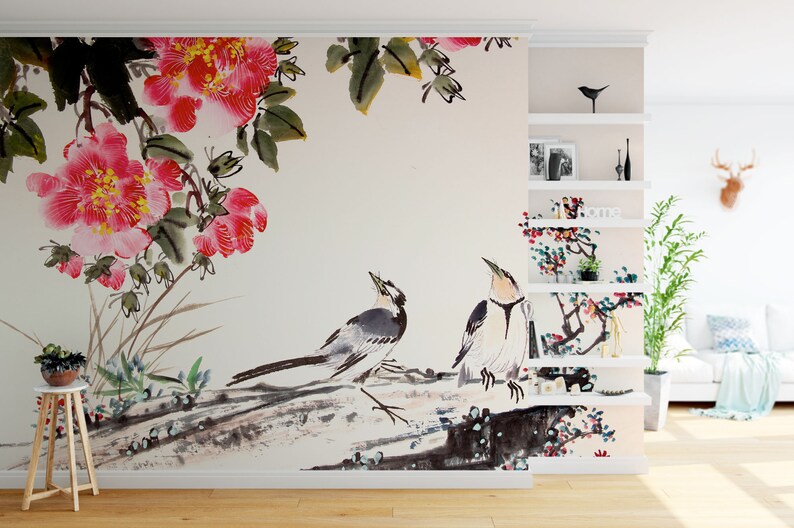 Home wall decor Feature Wall Chinese Ink Painting Bird And Tree Wallpaper Mural- Non woven wallpaper Made to Measure Wall art decals