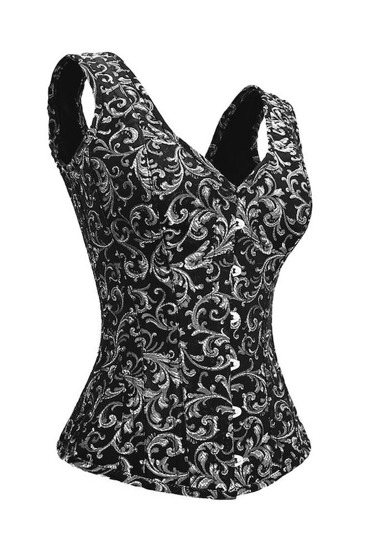 Black and silver brocade steampunk style steel boned overbust corset