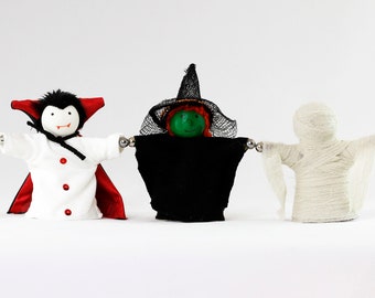 Halloween PeaceKin Dolls - Witch Mummy and Dracula Decorations, Magnetic Hands
