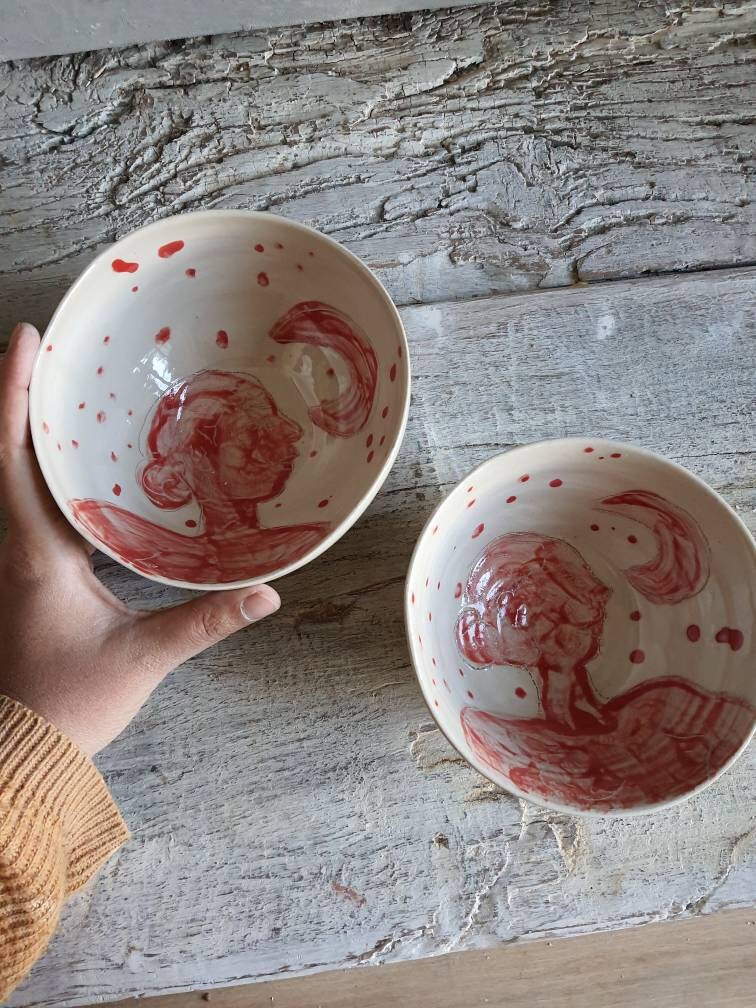 Lot de Deux Grand Bol Artisanal en Poterie Dessin Lune et Portrait Femme Rouge Blanc Céramique