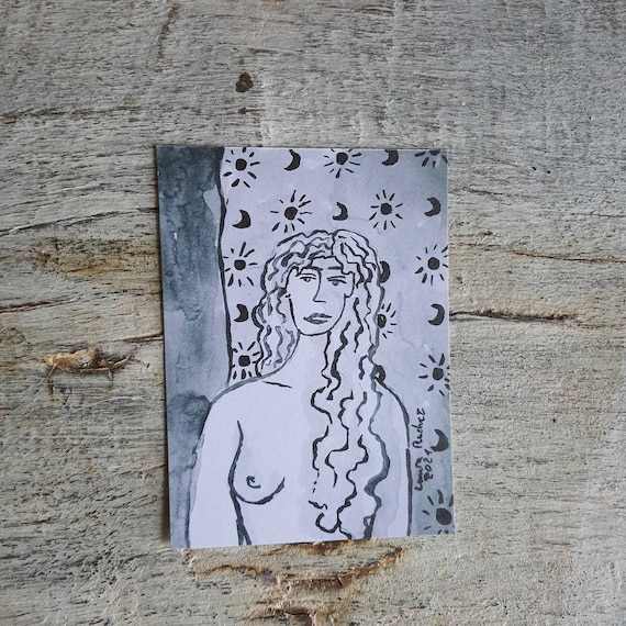 Postcard drawing nude artistic portrait of woman moon sun reproduction of one of my female nude drawing in Indian ink.