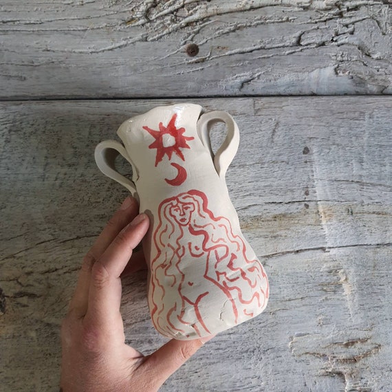 Pottery vase drawing moon sun woman sacred handmade ceramic vase red
