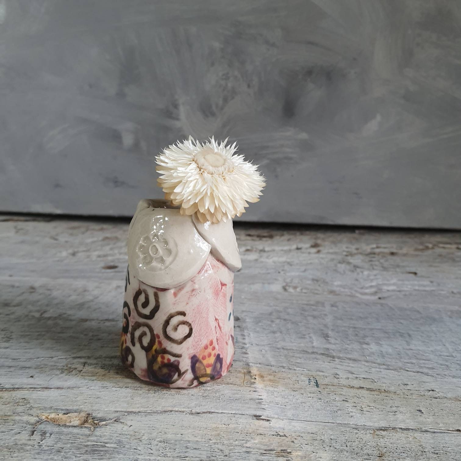 Mini Vase Artisanal en Poterie Rose Violet Jaune Noir Céramique