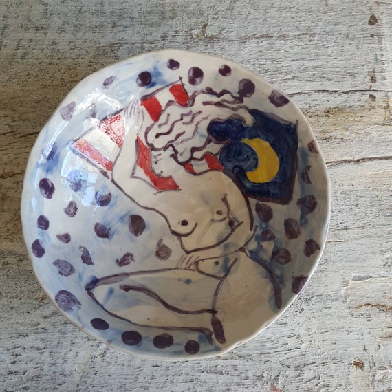 Coupelle poterie artisanale multicolore  dessin femme nu artistique céramique