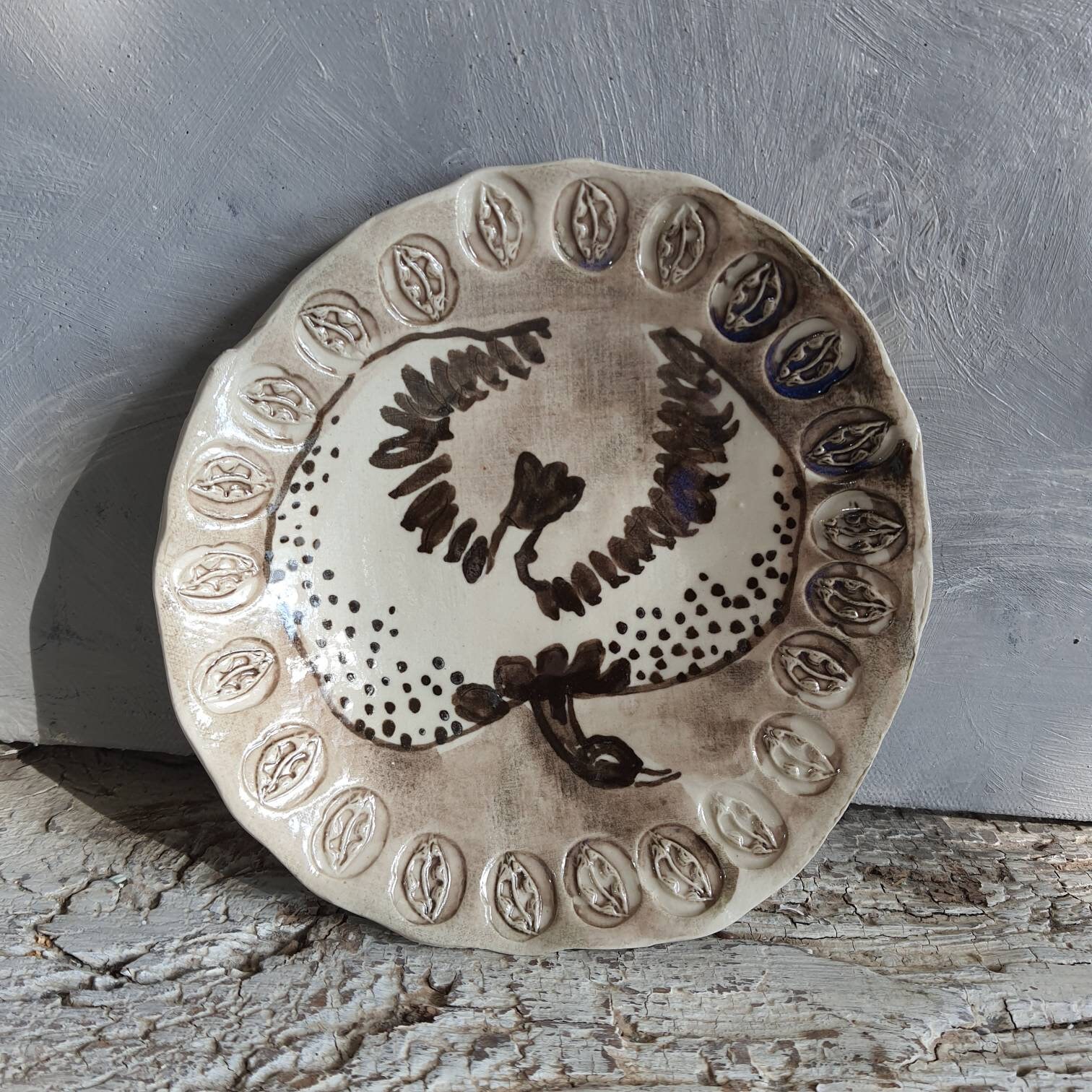 Coupelle Céramique Noir et Blanche Dessin Oiseau Petit Pois Feuillages en Relief