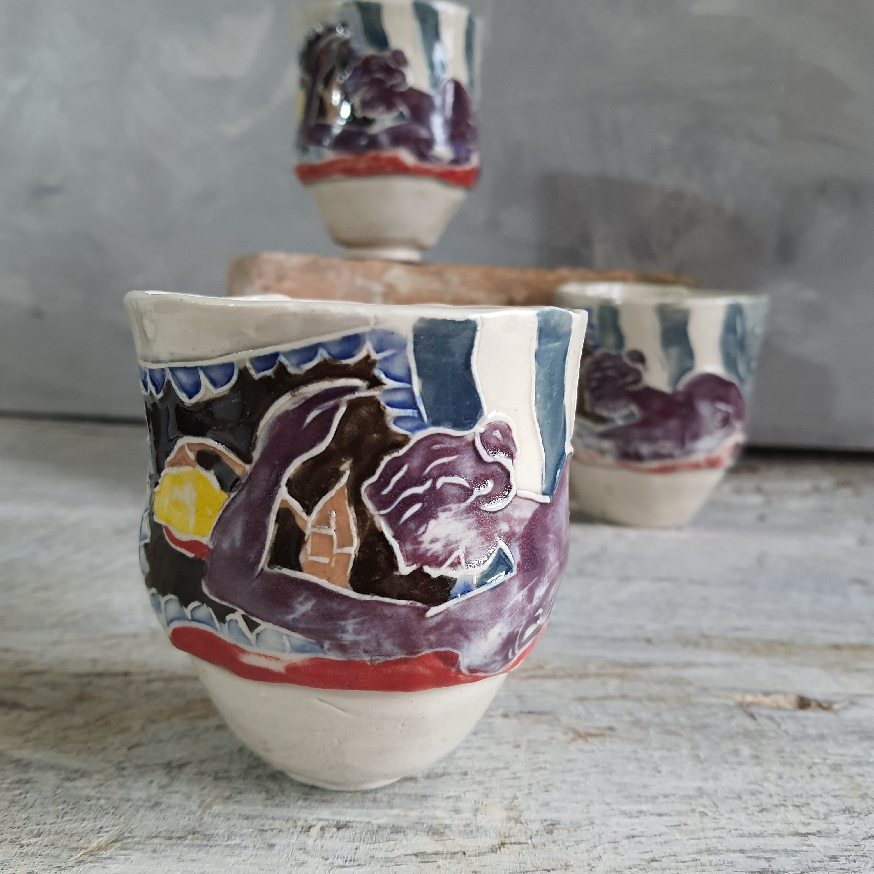 Tasse à Café Thé Poterie Artisanale Dessin Nu Féminin Violet Bleu Vert Jaune Rouge Grand Mug Grès