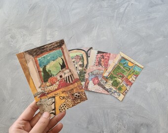 Set of thick watercolor paper postcards with illustrations