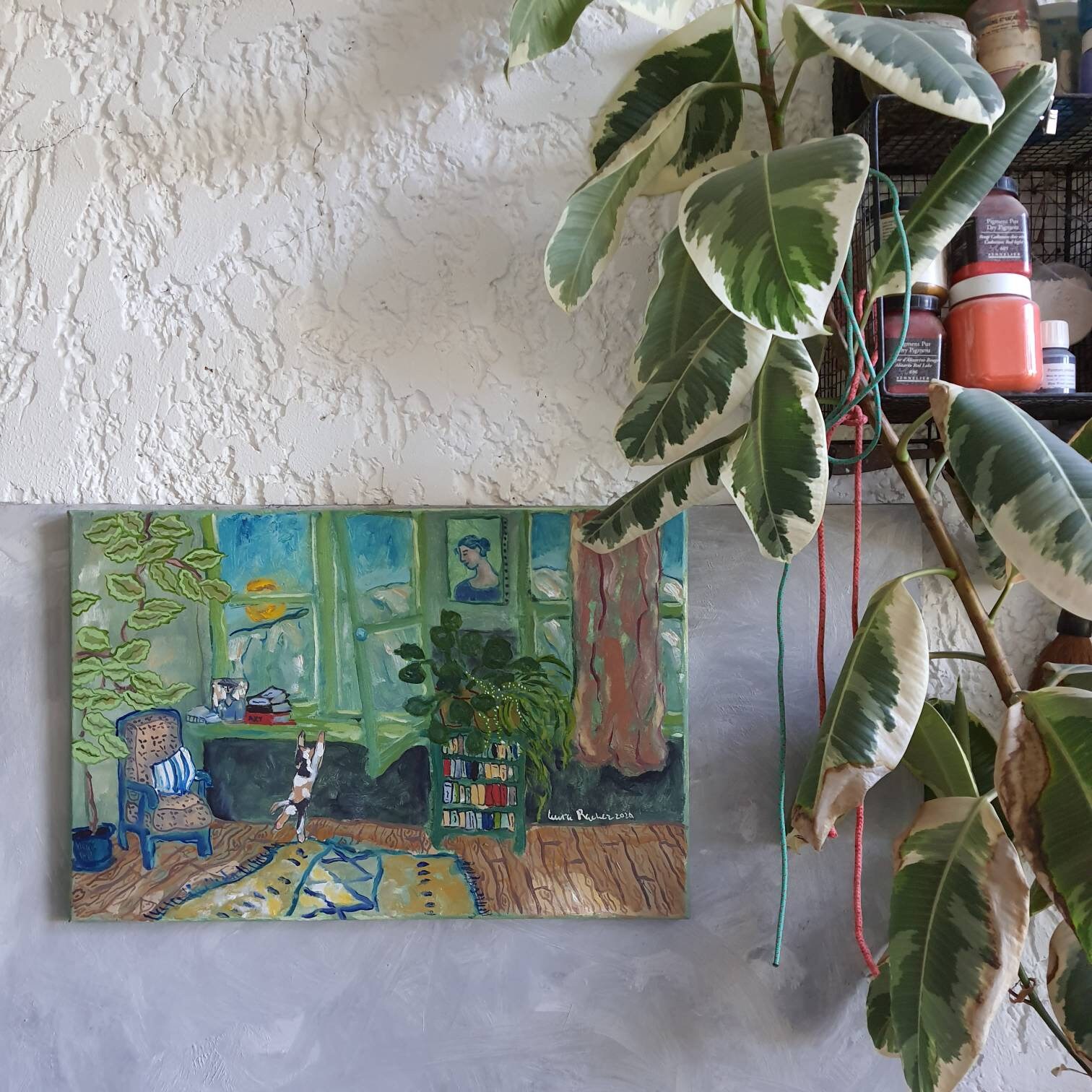 Huile Sur Toile Originale Tableau Interieur De Maison Dessin Chat Vert Colorees Artiste Francaise