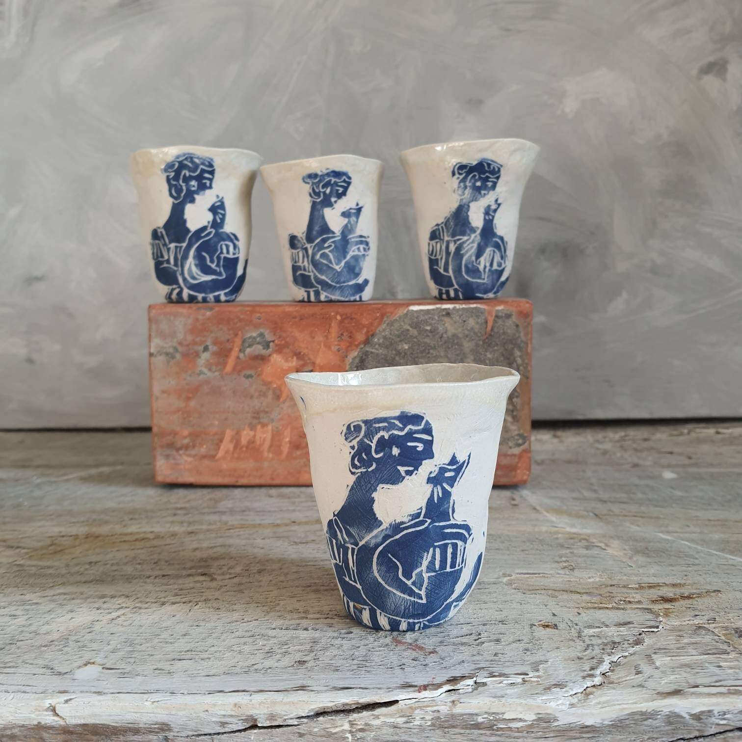 Handcrafted Pottery Cup 3t White Cat Drawing And Blue Cup Ceramic Tea Coffee