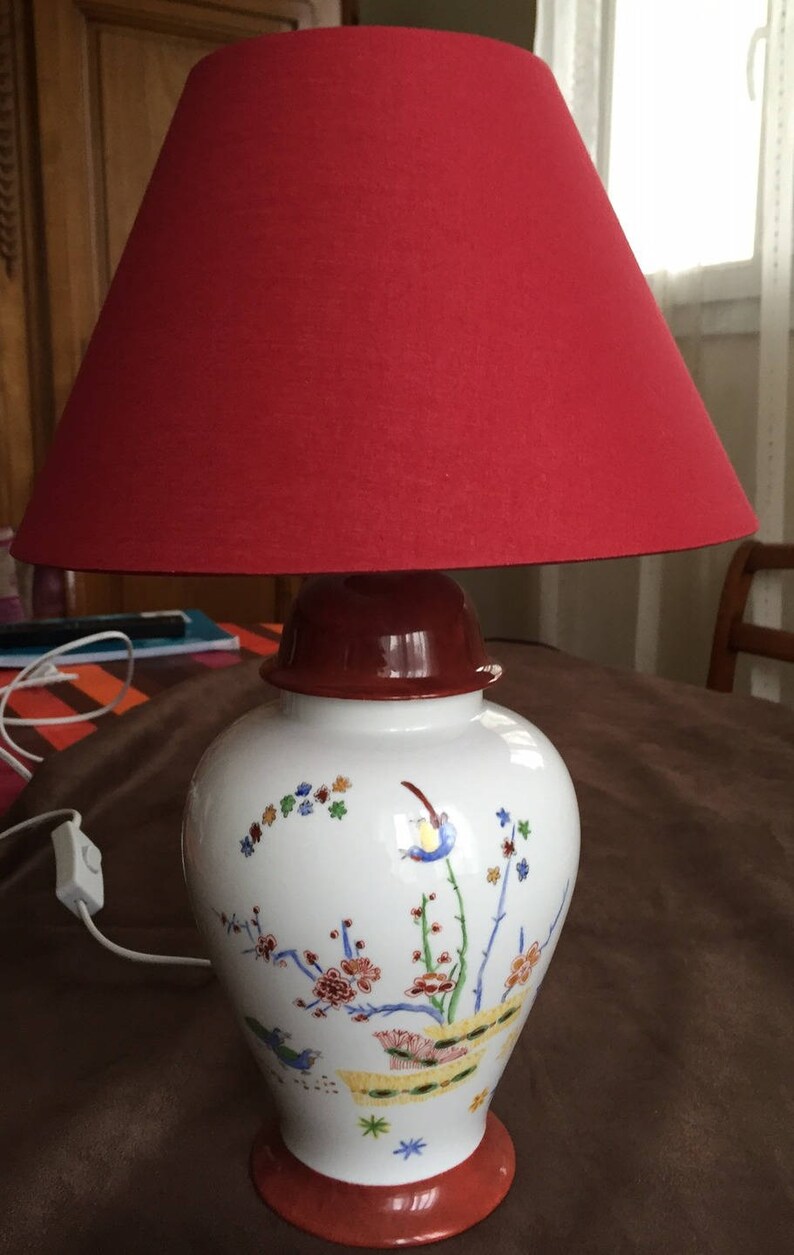 Lampe abat jour rouge avec pied en porcelaine motif asiatique | Etsy