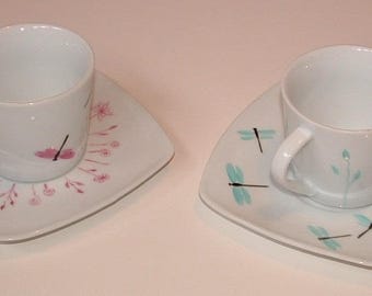 Service de 6 tasses à thé en porcelaine motif floral et libellules v