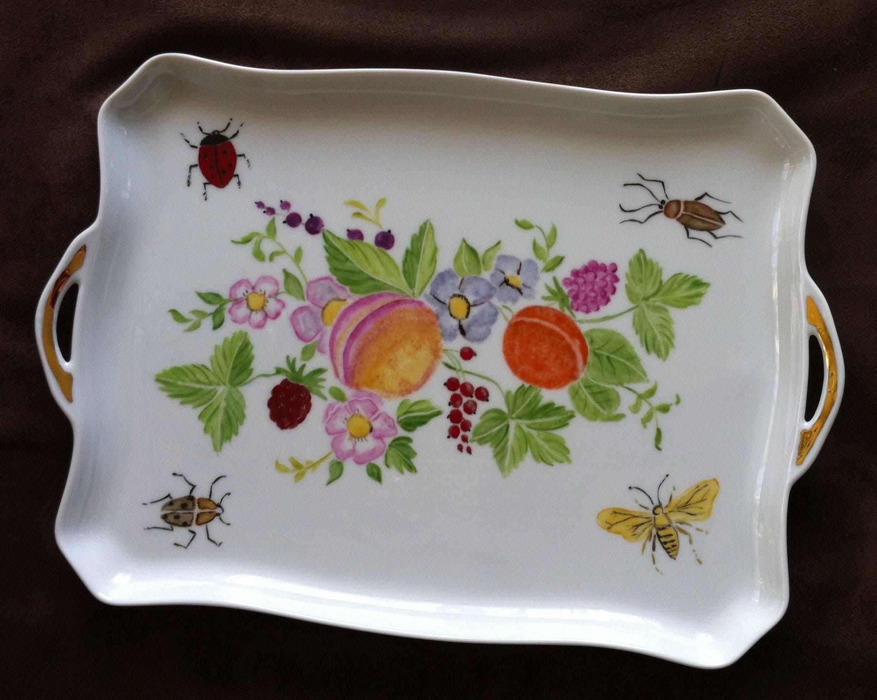 Petit Plat en Porcelaine Motifs Fruits et Insectes