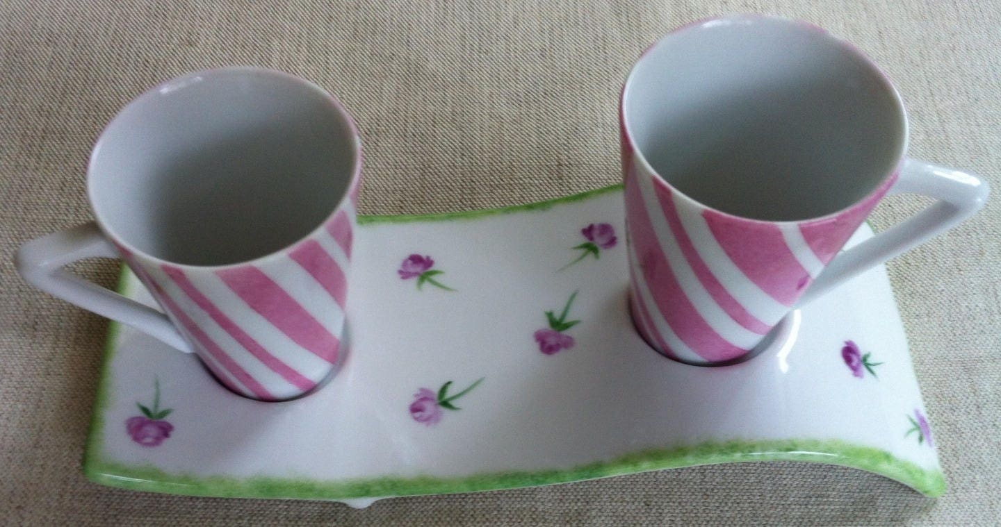 Duo de Tasses à Café en Porcelaine Rayures Roses et Roses