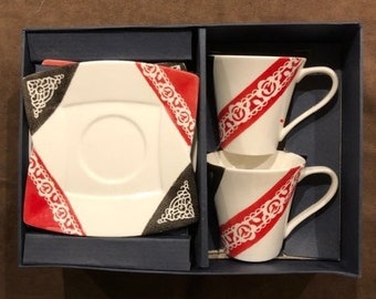 coffret de 2 tasses à café/thé en porcelaine dentelles en rouge et noir