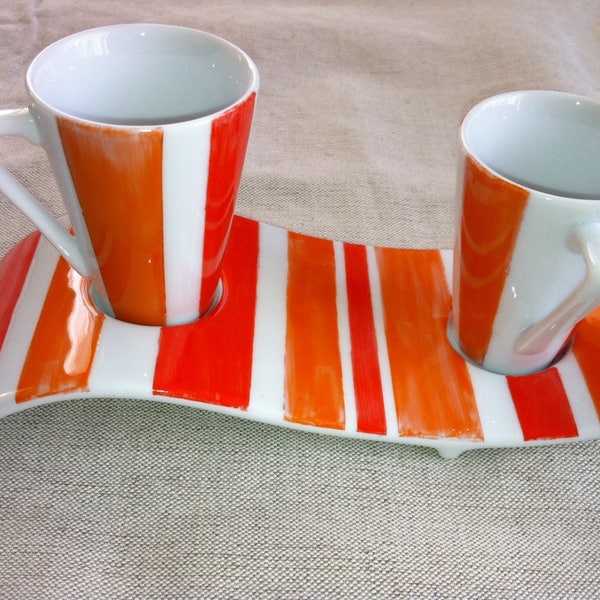 Duo de tasses à café en porcelaine à rayures rouge et orange