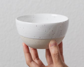 Ceramic Speckled Bowl - Small Handmade Wheel Thrown Pottery - Ice Cream/Soup/Rice/Side/Dessert - White Minimalist Modern - Food Styling