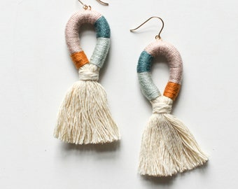 Wrapped Multicolor Tassel/Fringe Earrings - Modern Handmade Fiber Jewelry - Teal Gold Mint Blue Mauve - Large Statement - Boho - Bridesmaid