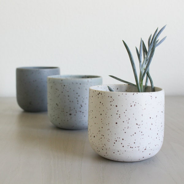 Speckled Ceramic Planter - Pottery - Clay Flower Pot - White Grey Blue Ombre Cool - Rustic - Modern Handmade - Plant/Succulent/Indoor Garden