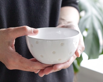 Ceramic Confetti Bowl - Small Handmade Wheel Thrown Pottery - Ice Cream/Soup/Rice/Dessert - White Minimalist Modern Polka Dot - Food Styling