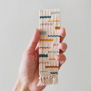 Hand Woven Bookmark - Mustard, Teal, Yellow, Pale Blue, Mauve - Modern, Multicolor, Geometric - Handwoven Cotton - Bookworm, Book Lover Gift