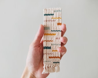 Hand Woven Bookmark - Mustard, Teal, Yellow, Pale Blue, Mauve - Modern, Multicolor, Geometric - Handwoven Cotton - Bookworm, Book Lover Gift