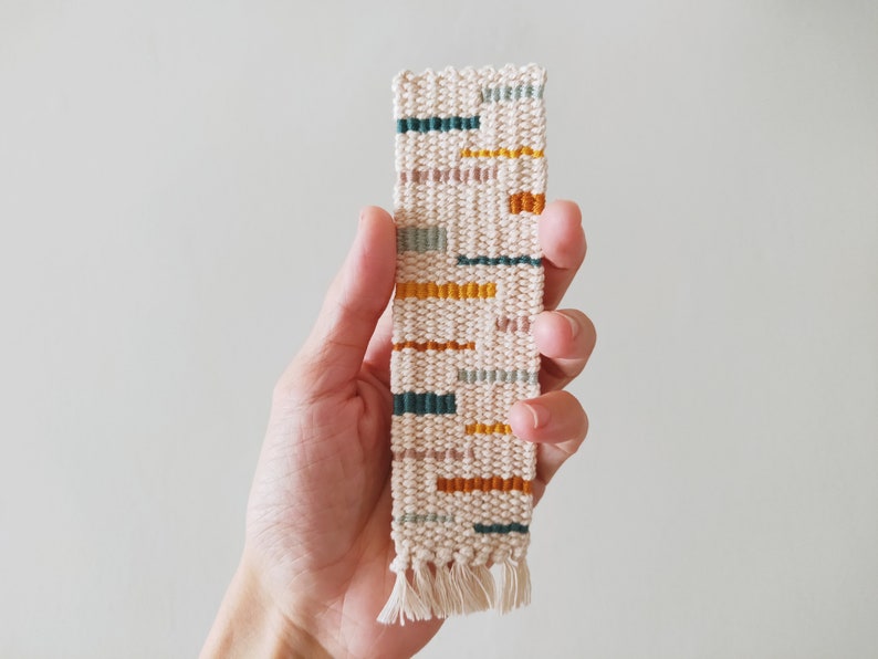 Hand Woven Bookmark Mustard, Teal, Yellow, Pale Blue, Mauve Modern, Multicolor, Geometric Handwoven Cotton Bookworm, Book Lover Gift image 1
