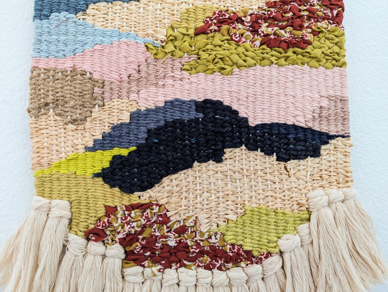Wall Weaving/Hanging Woven Tapestry Batik Print Fabric, Olive Green, Burgundy Raffia Boho Fiber Art Handwoven Weave Nursery ArtY image 2