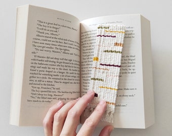 Hand Woven Bookmark - Olive Green, Deep Burgundy/Purple, Peach, Yellow, Gold - Modern, Multicolor, Geometric - Handwoven Cotton - Bookworm