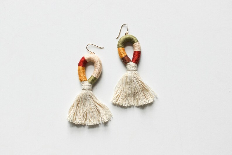 Wrapped Tassel Statement Earrings Asymmetrical Handmade Yellow Green Brown Fringe Fibre/Fiber Jewelry Gold Filled Hooks Large Boho image 1