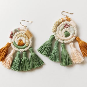 Statement Tassel Earrings - Asymmetrical Multicolor Fringe Earrings - Sage Green, Peach, Ginger Gold - Fabric and Cotton Rope - Gold Filled