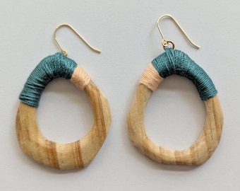 Solid Pine Wood Wrapped Earrings - Hand-Carved / Whittled Wooden Statement Jewelry - Hypoallergenic - Boho, Modern, Unique - Handmade Art