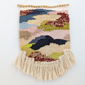 Wall Weaving/Hanging Woven Tapestry Batik Print Fabric, Olive Green, Burgundy Raffia Boho Fiber Art Handwoven Weave Nursery ArtY image 1